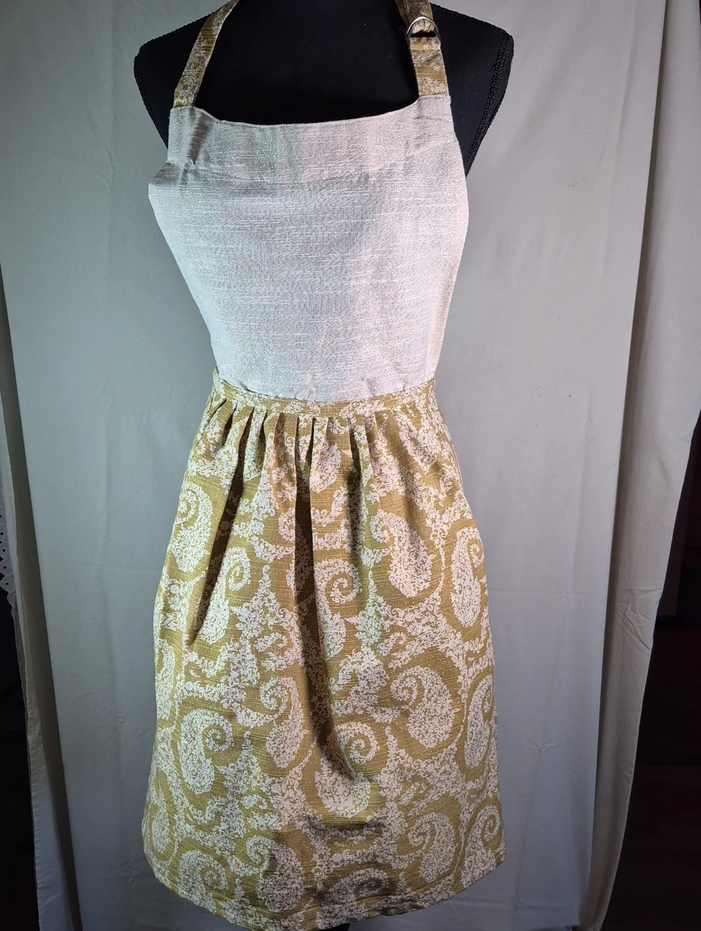 Vintage Cream and Gold Paisley Half Apron